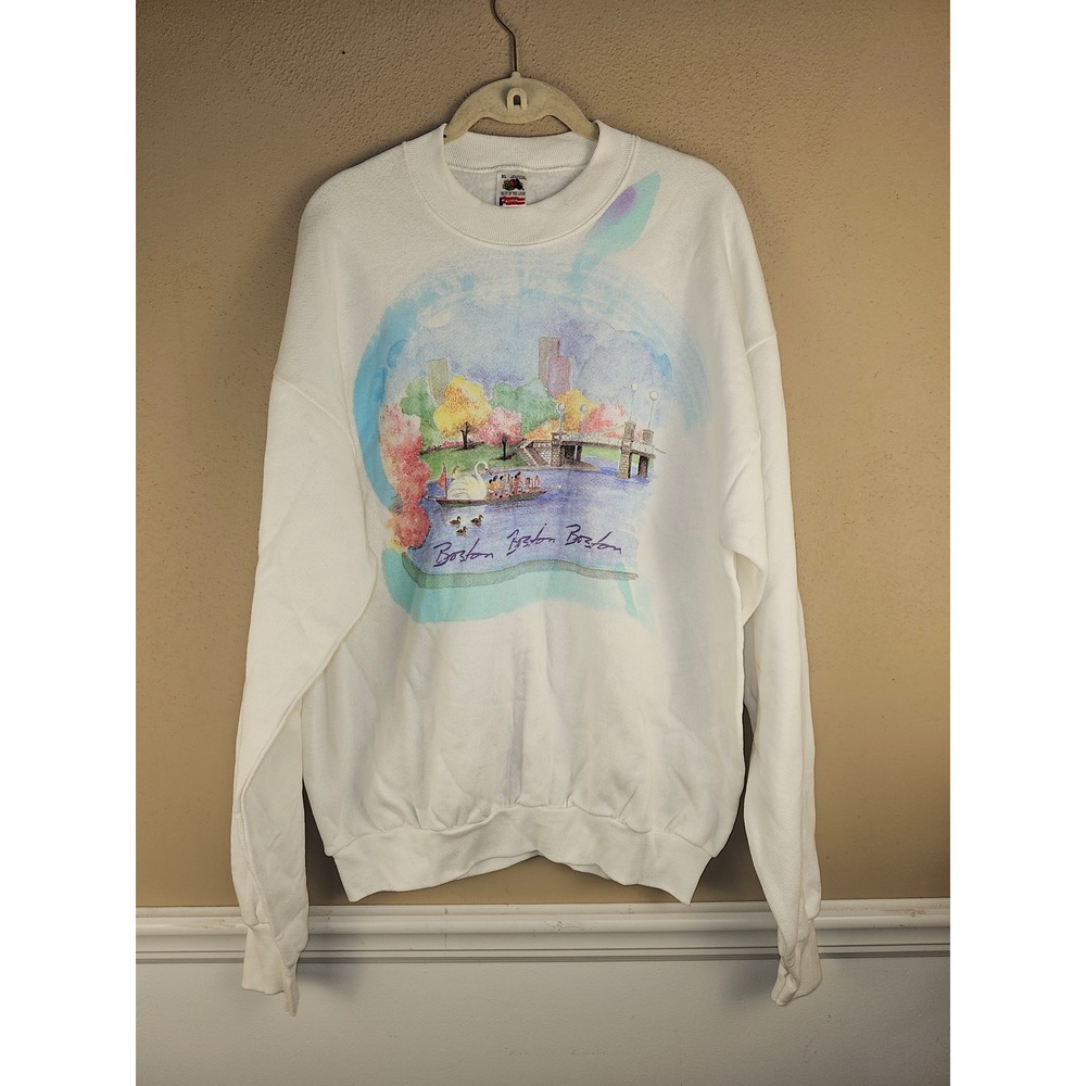 Vintage Fruit Of The Loom Womens White Boston Crewneck Sweatshirt XL Made In USA